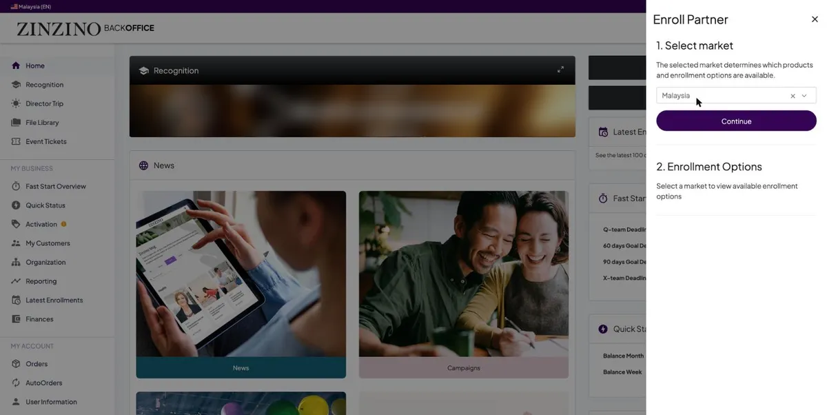 Enroll Partner drawer, market chosen