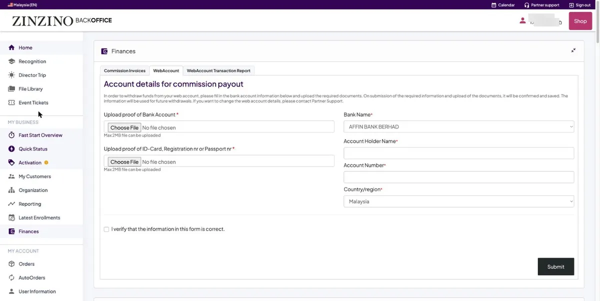 Finances, WebAccount tab