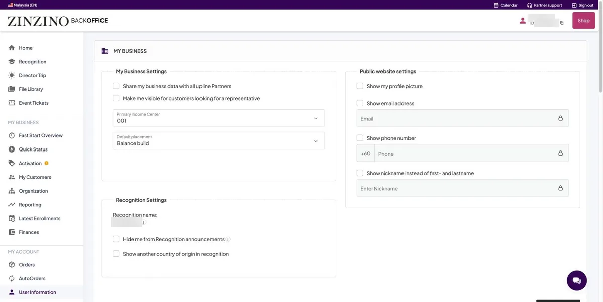 My Business settings in User Information