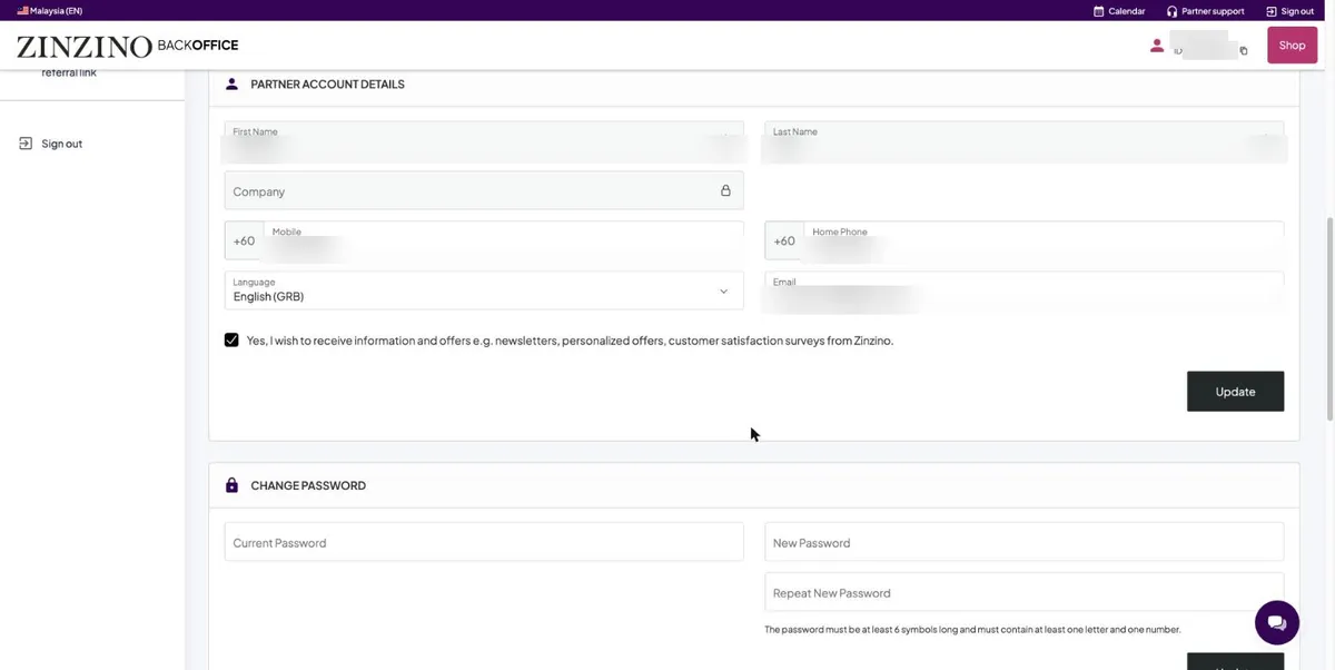 Partner account details card