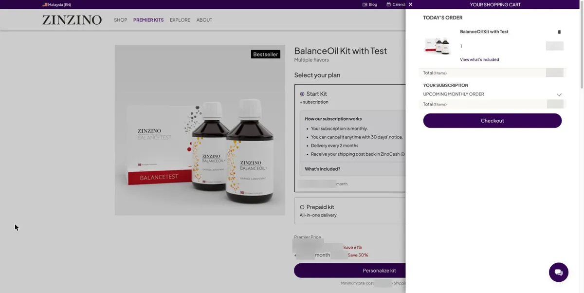 Cart showing today’s order and the subscription