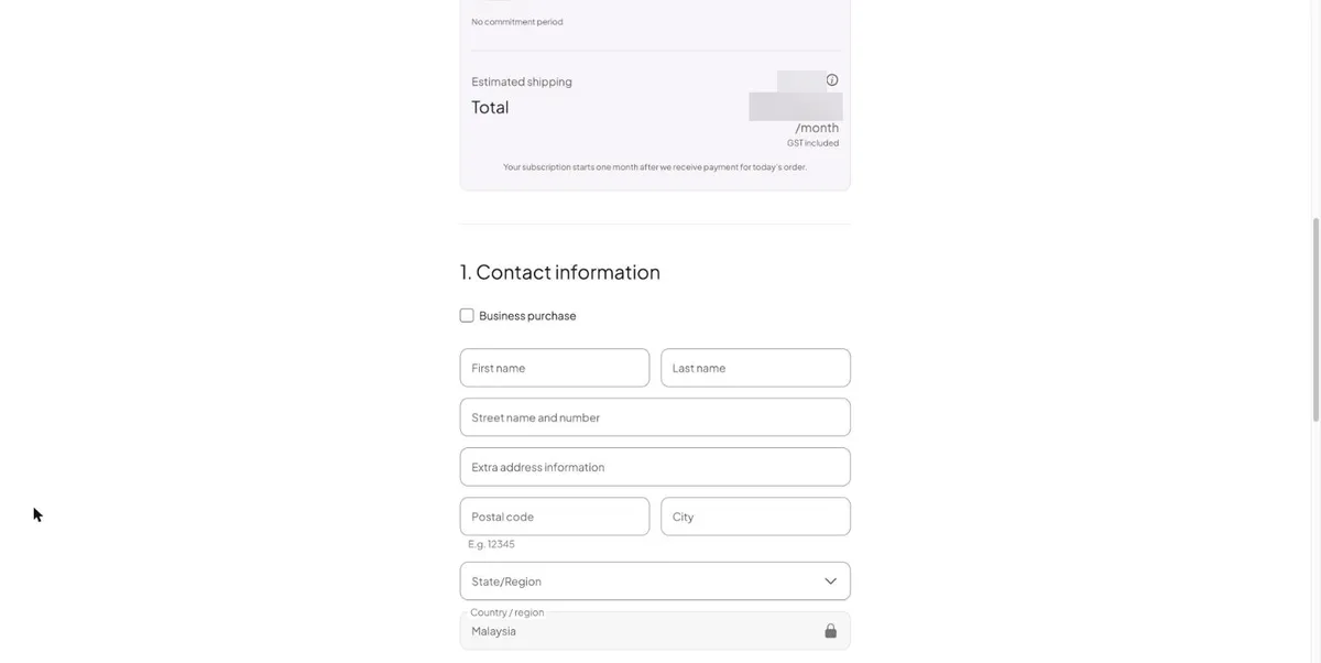 The customer’s contact information form